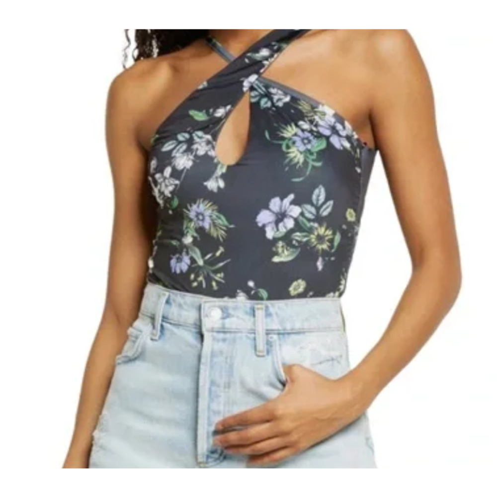 NWOT Afrm Womens Celyn Bodysuit Black Floral Stretch Keyhole One Shoulder XS